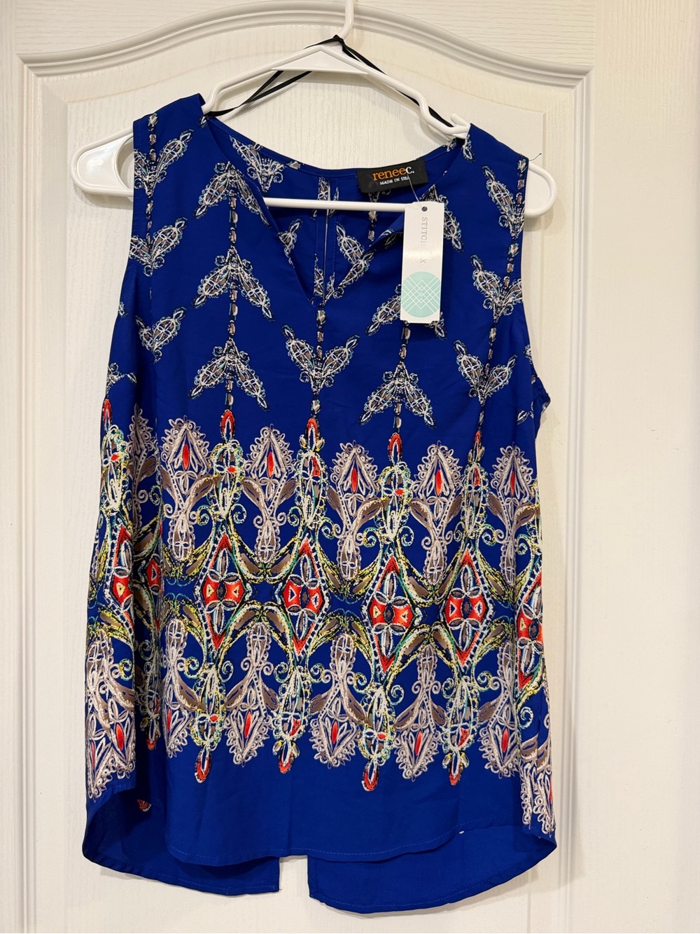 Renee C Royal Blue Boho Border Print Sleeveless Tunic Top Size S NWT